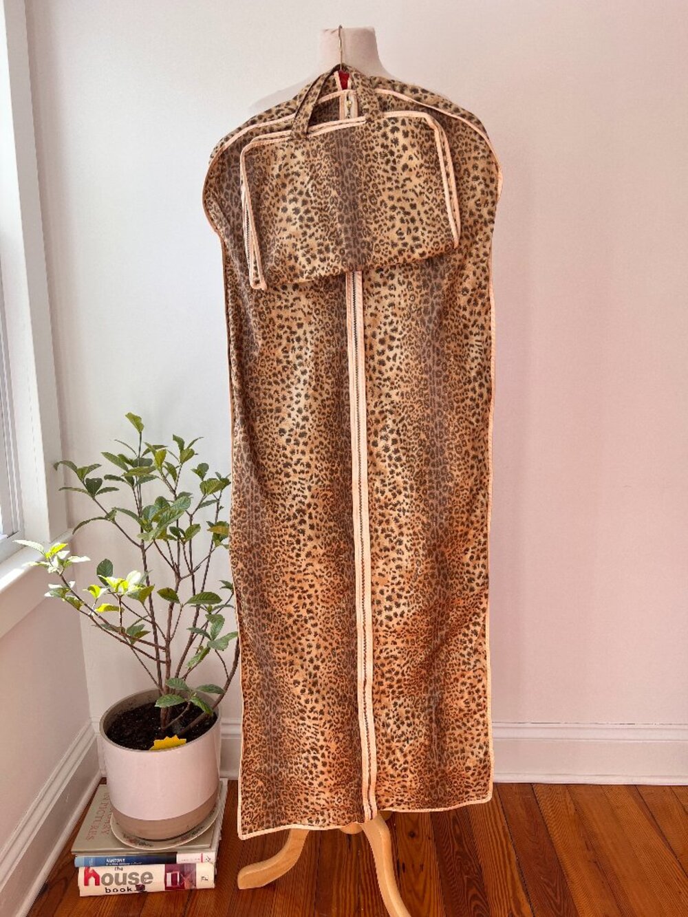 vintage 1960s leopard garment bag, travel cosmetic bag and shoe bags,